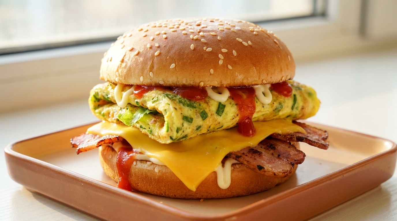 A golden breakfast burger featuring a lettuce-infused omelet, melted cheddar, and crispy bacon on a toasted sesame bun.
