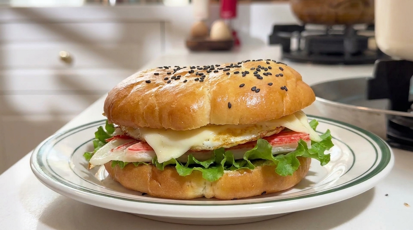Butter Pancake Breakfast Burger with Egg and Crab