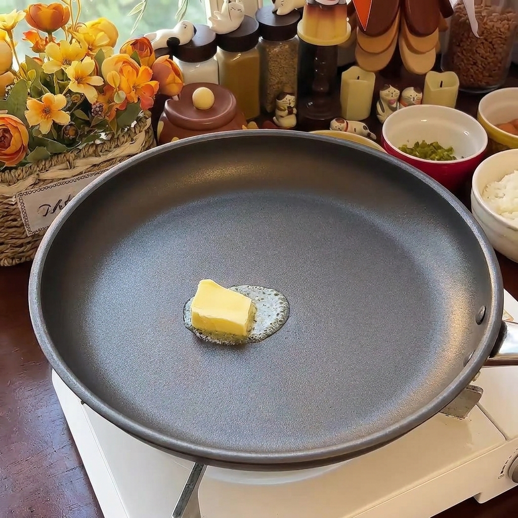 A single square of yellow butter melting and bubbling in the center of a dark grey frying pan.