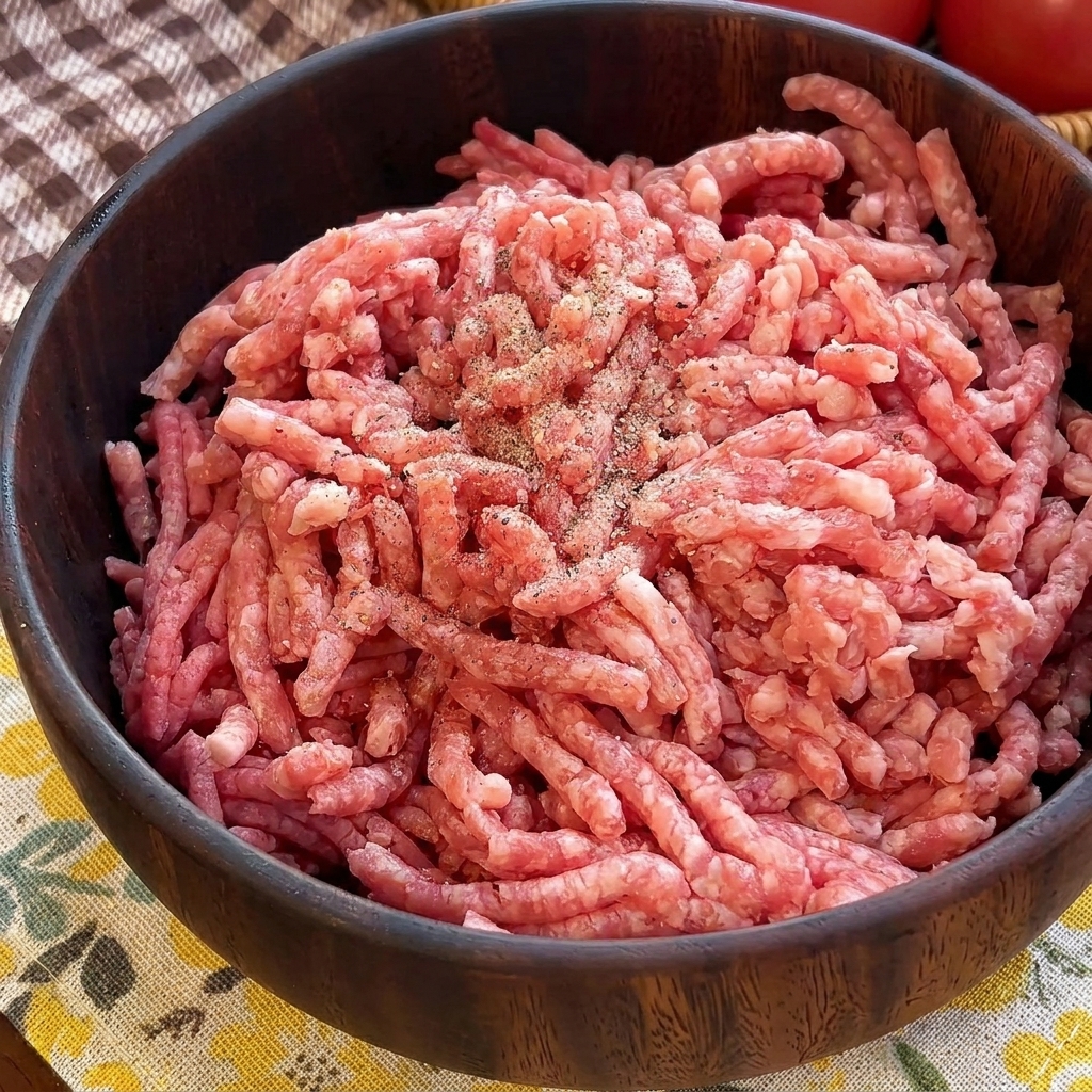 Freshly ground black pepper and salt sitting on top of a pile of raw ground beef in a wooden bowl.