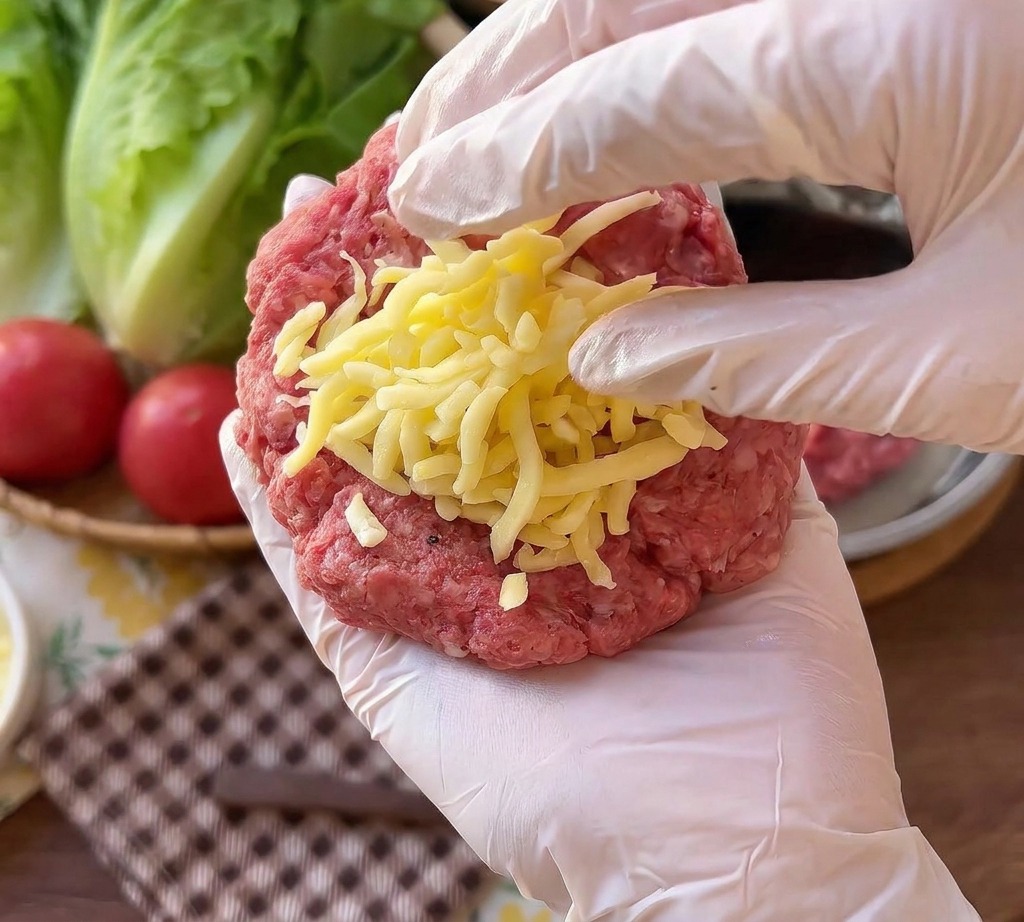 A gloved hand holding a round raw beef patty topped with a pile of shredded white mozzarella cheese.