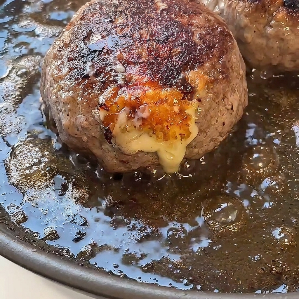 A tight close-up of a well-browned beef patty sizzling in a pan with golden melted cheese bubbling out of the side.
