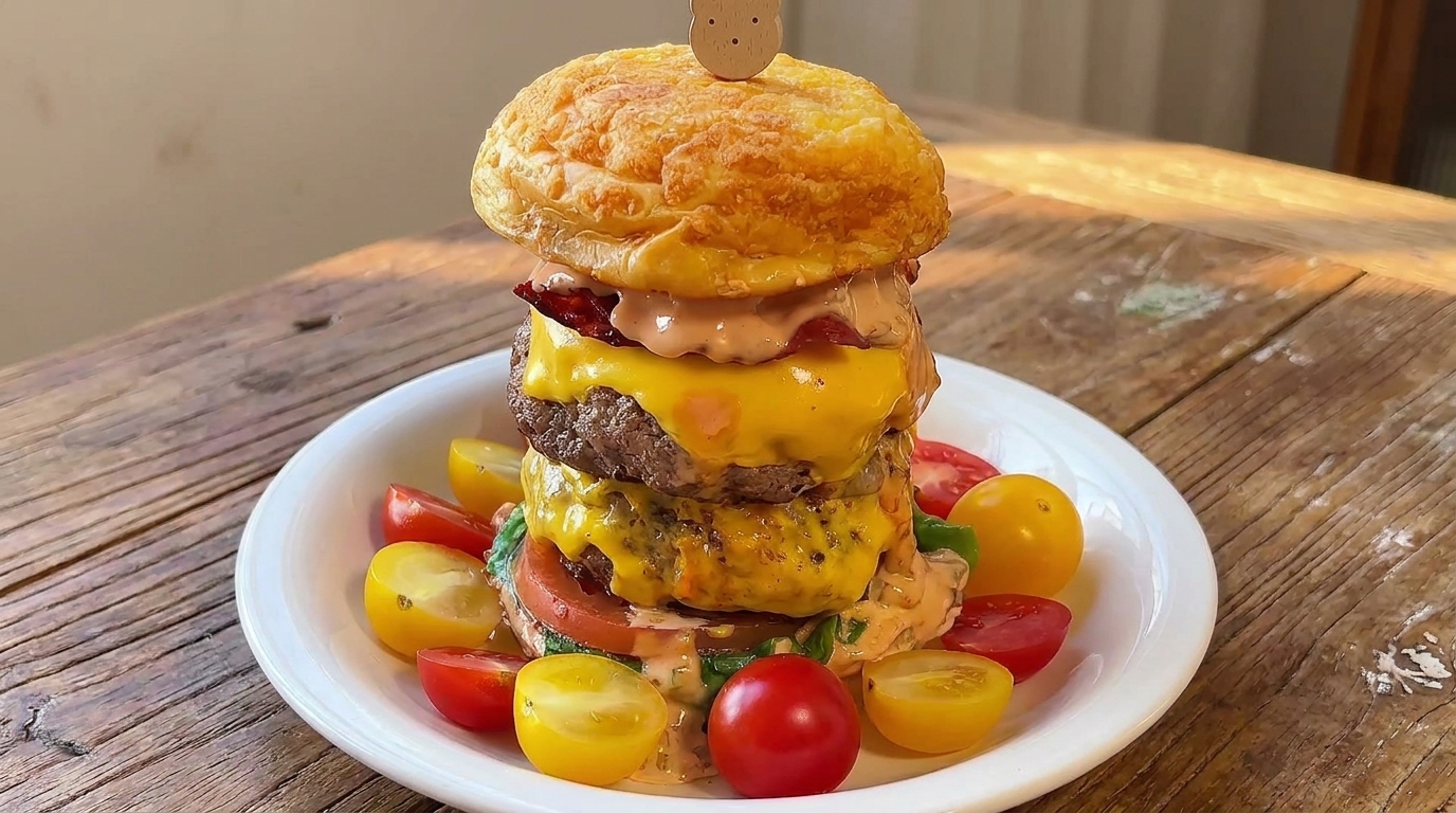 Double Cheese Lava Beef Burger with Crispy Bacon