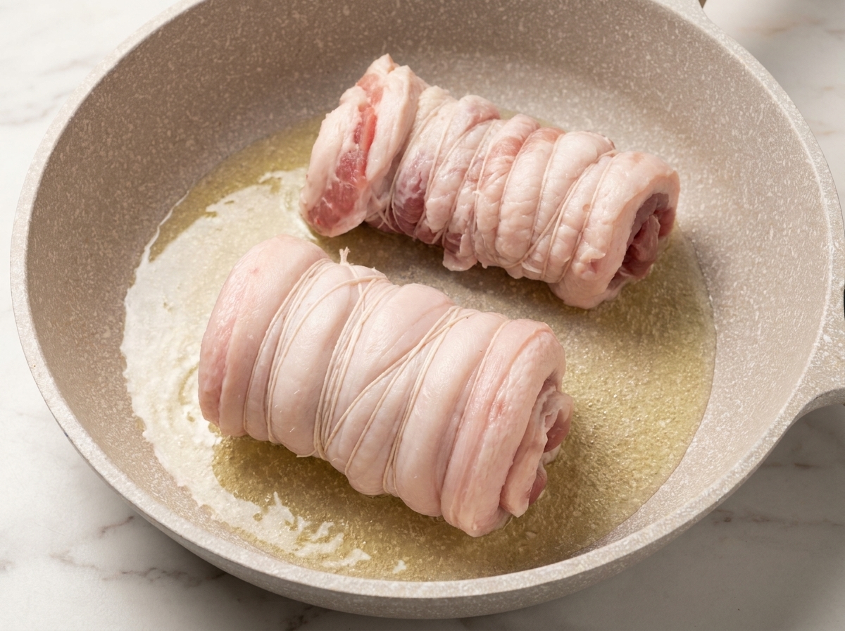 Two tied pork belly rolls searing in a pan with hot oil until golden brown on all sides.