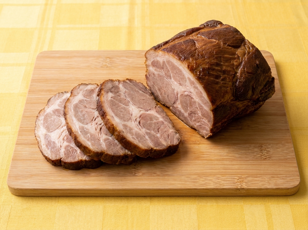 Thinly sliced, perfectly round pieces of braised pork belly resting next to the main roll on a wooden cutting board.
