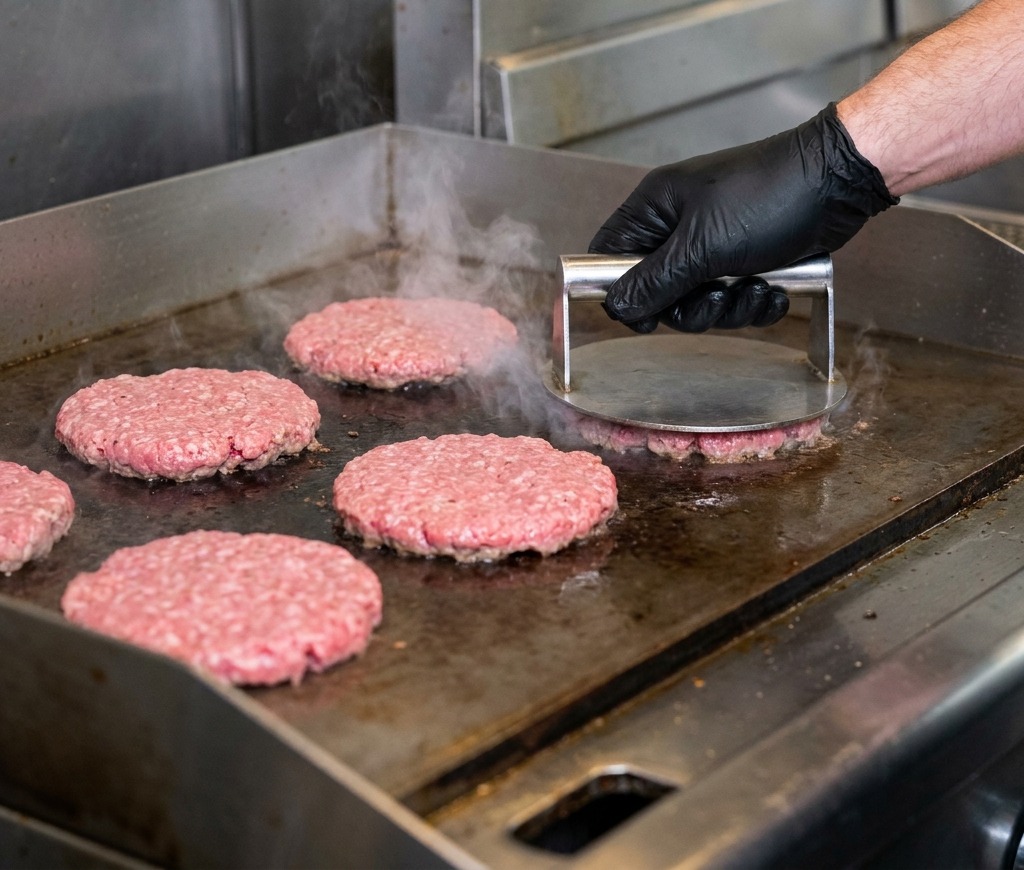 Rows of raw beef meatballs being placed onto a sizzling hot metal flat top griddle in a kitchen.