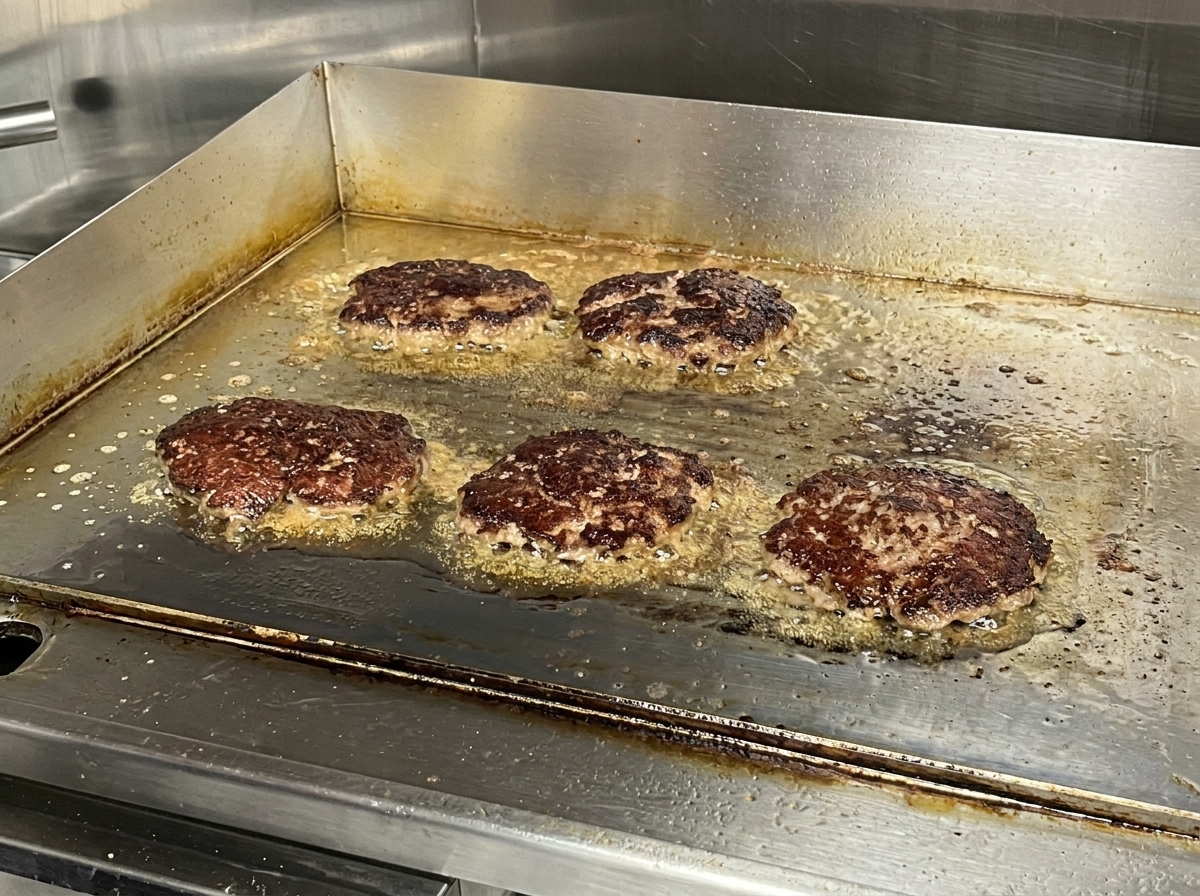 Five thick beef patties searing on a hot stainless steel flat top griddle with visible caramelization and rendered fat bubbling around the edges.