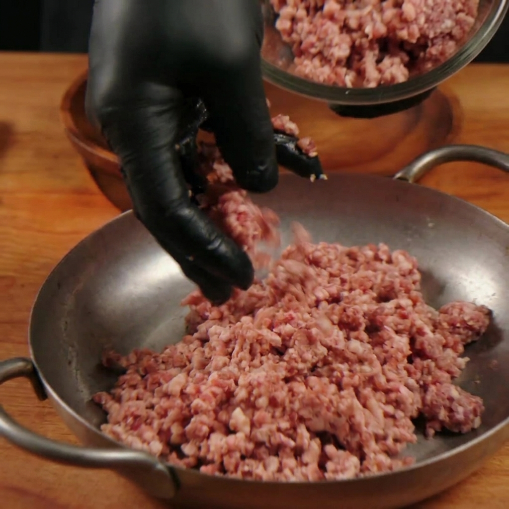 Black-gloved hands gently mixing raw, coarse ground beef in a metal pan.