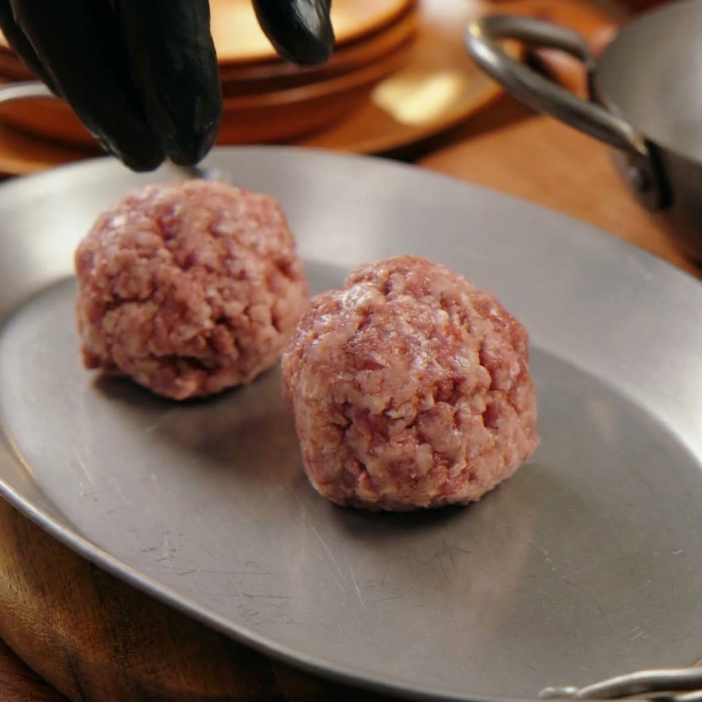 Black-gloved hands gently forming two raw ground beef patties on a silver metal tray.