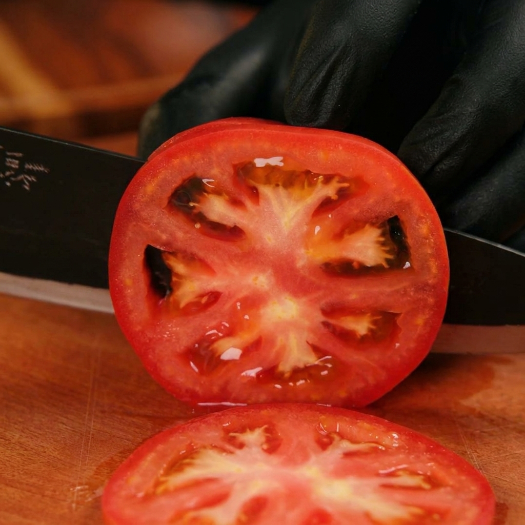 A sharp black knife slicing a ripe red tomato into thick rounds on a wooden cutting board.
