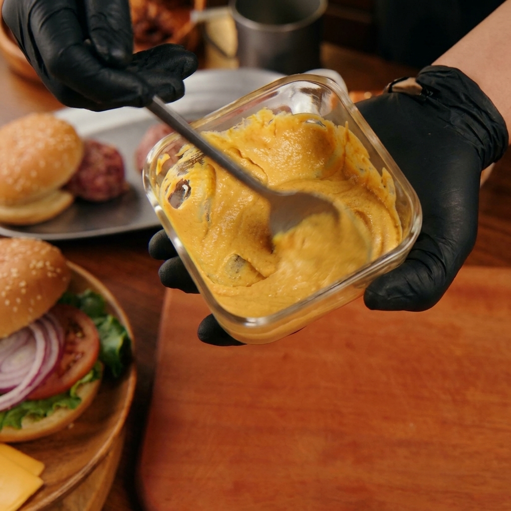 Black-gloved hands using a spoon to stir a creamy, yellow-orange burger sauce in a small glass container.