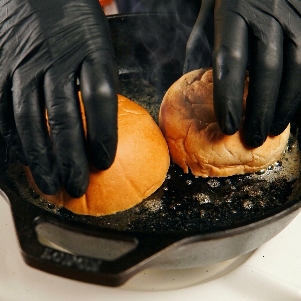 Black-gloved hands pressing two burger bun halves face-down into a sizzling cast-iron skillet with melted butter.