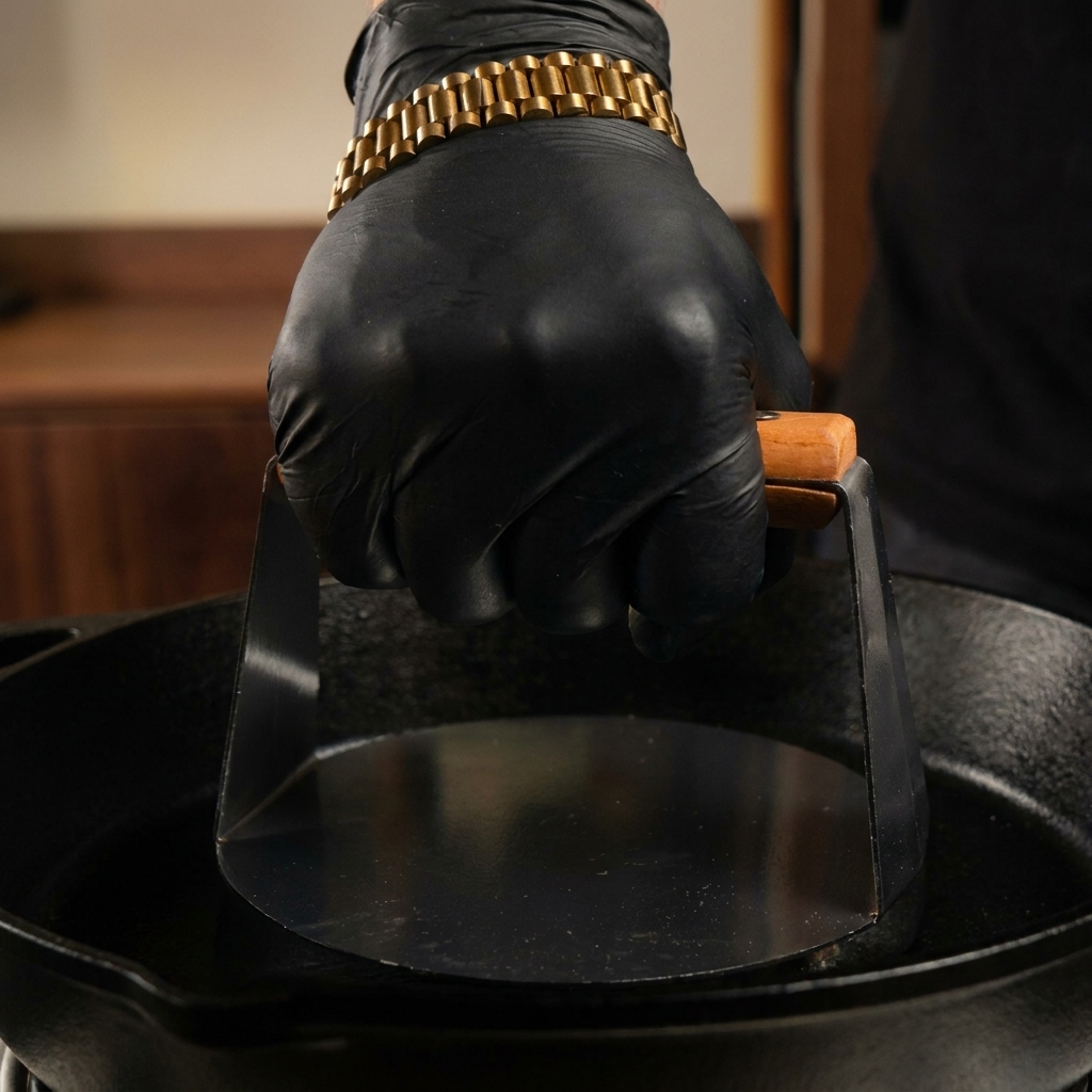 A gloved hand using a heavy metal press to flatten a ball of ground beef on a hot cast-iron skillet.