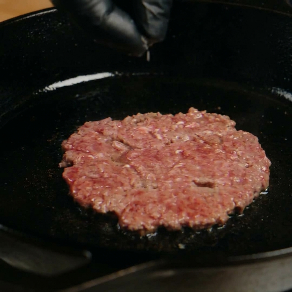 A hand sprinkling salt and black pepper over a smashed beef patty cooking in a cast-iron skillet.