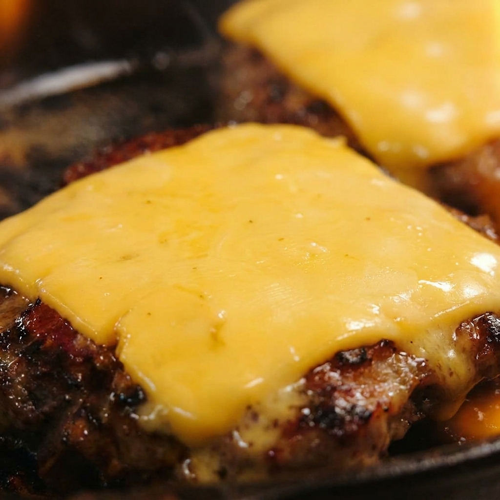 A close-up of a perfectly melted square of yellow cheddar cheese draped over a seared beef patty.