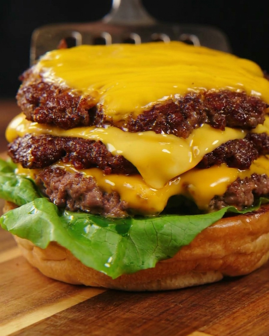Three stacked beef patties covered in melted cheese, resting on fresh lettuce and a toasted bottom bun.