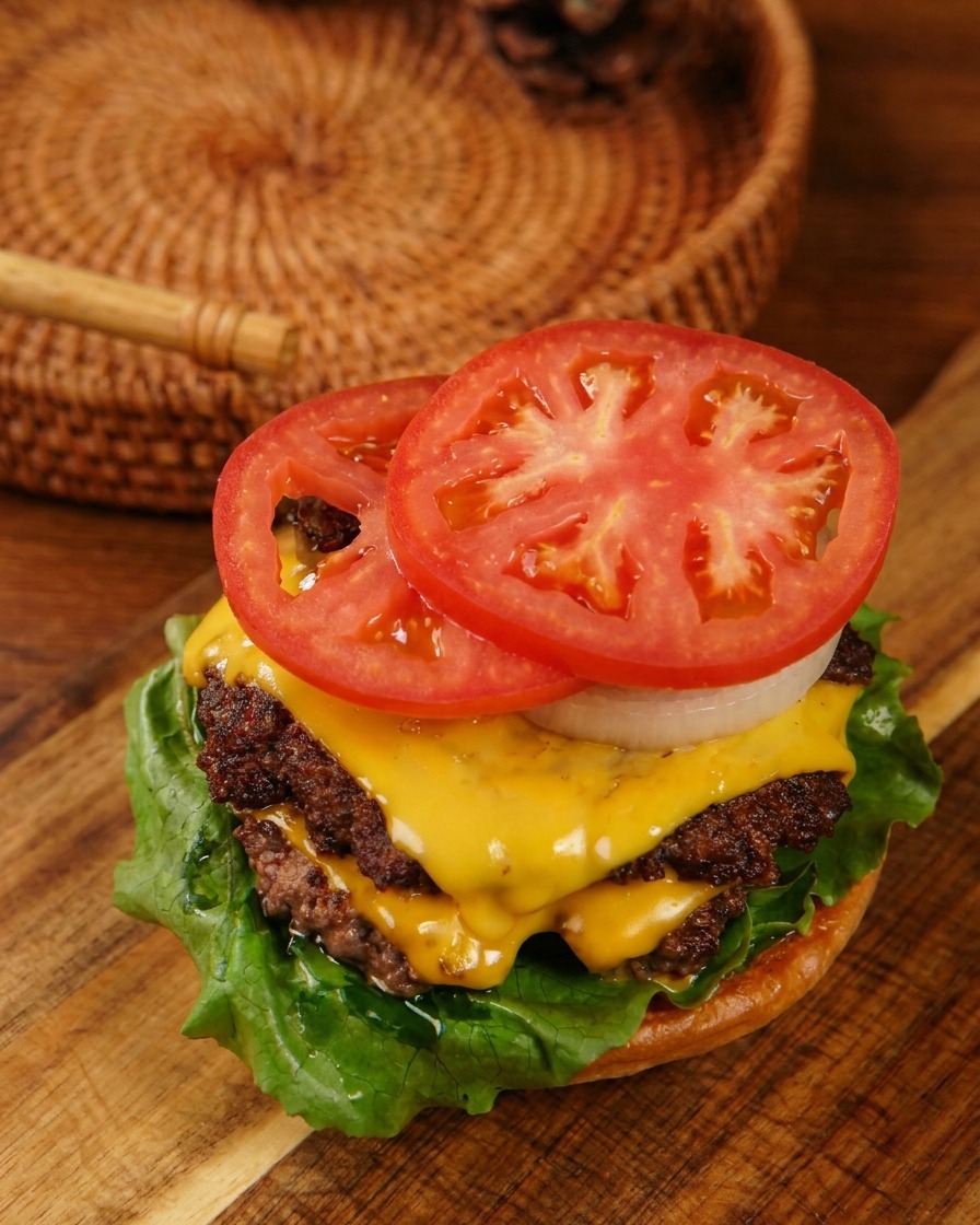 Two slices of red tomato and sliced white onions sitting on top of a triple cheeseburger stack.