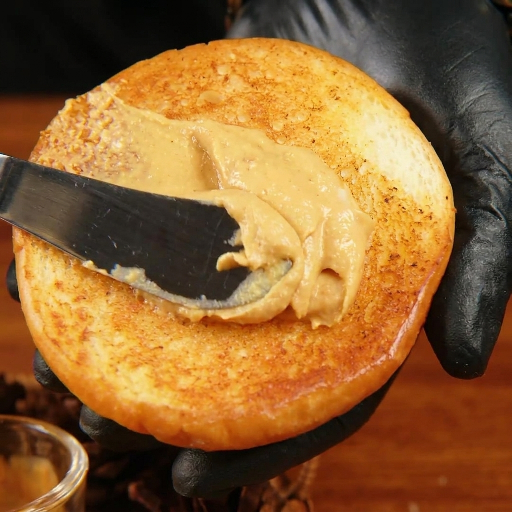 A hand wearing a black glove holding a golden toasted burger bun while a spatula smooths a thick layer of creamy orange sauce over the inside.