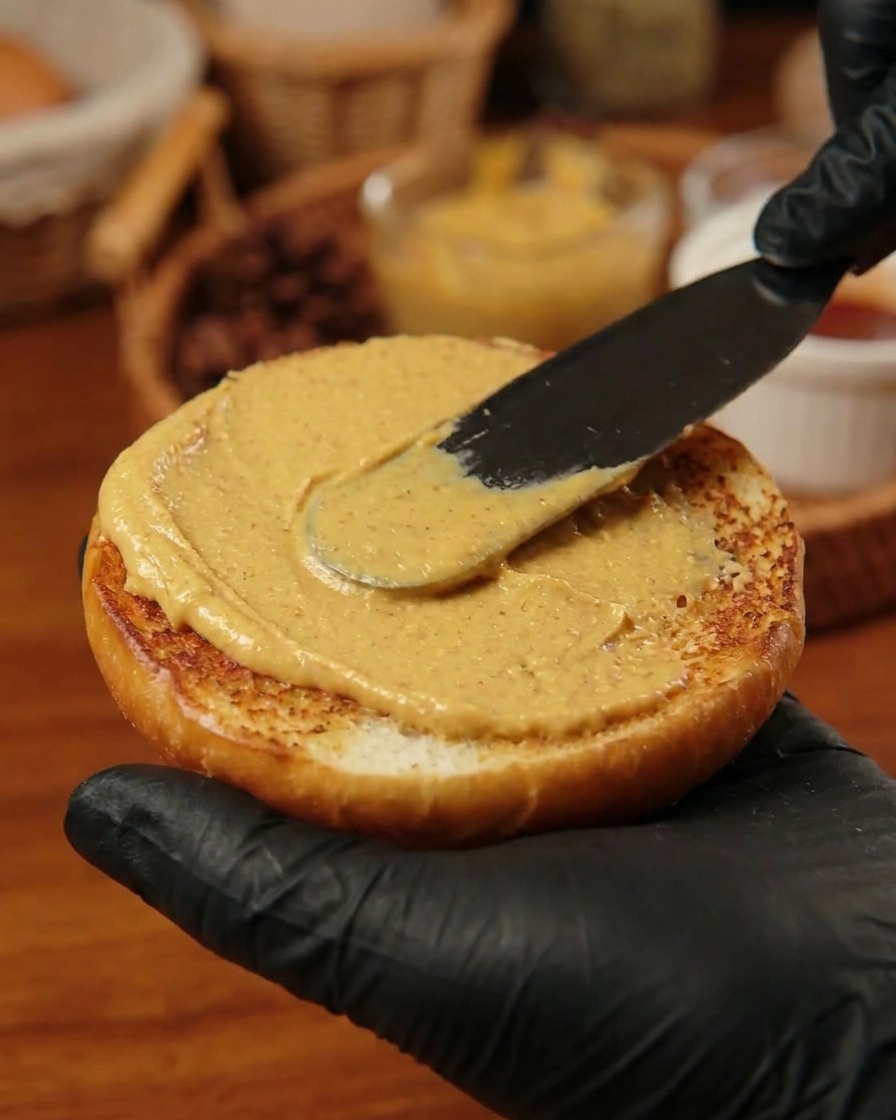 A towering fully assembled burger secured with a wooden pick inserted straight down through the top bun.