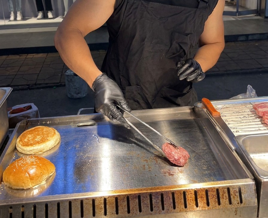 A thick, raw beef patty being placed onto a hot stainless steel flat-top griddle using metal tongs.
