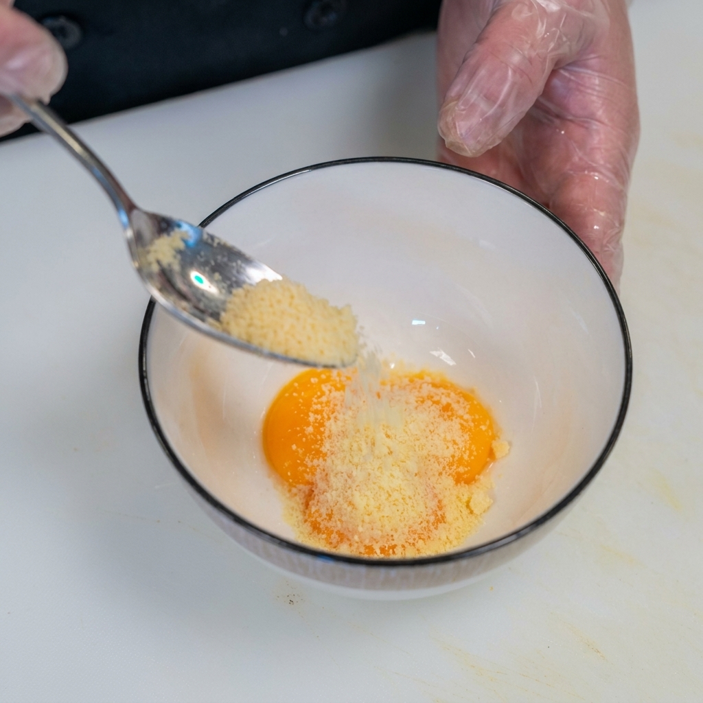 A spoon sprinkling fine grated cheese powder over two bright orange egg yolks in a white ceramic bowl.