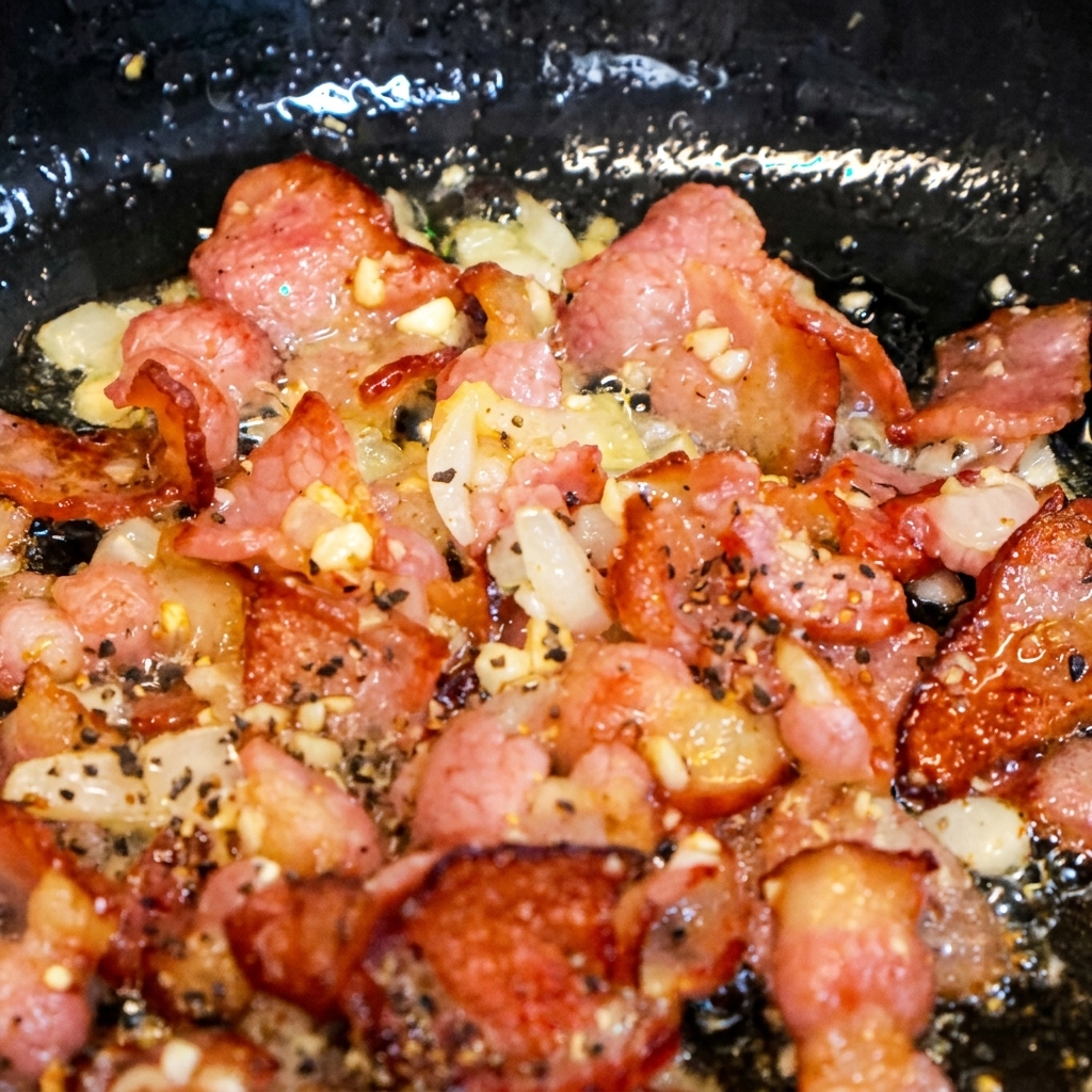 A close-up shot of crispy browned bacon pieces and sautéed onions in a pan, covered with flakes of ground black pepper.