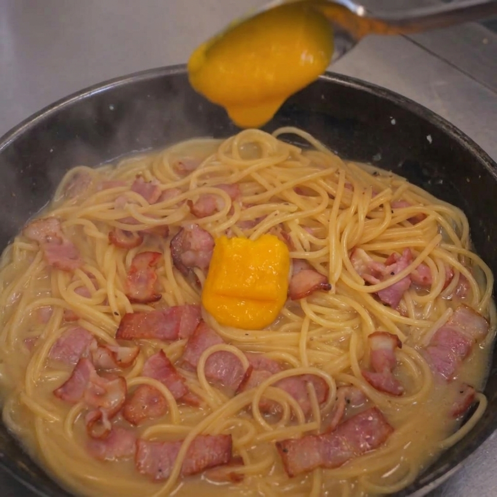 A thick, bright orange-yellow egg and cheese mixture being poured onto a pan of spaghetti and bacon.