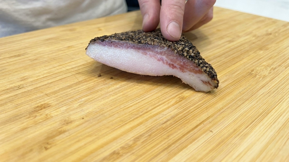 A thick piece of pepper-coated Guanciale resting on a wooden cutting board.