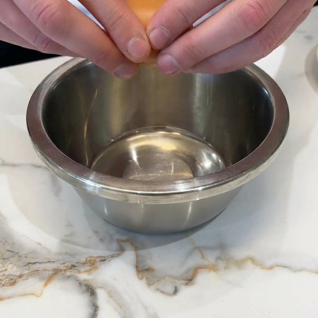 Hands cracking a raw egg into a stainless steel bowl.