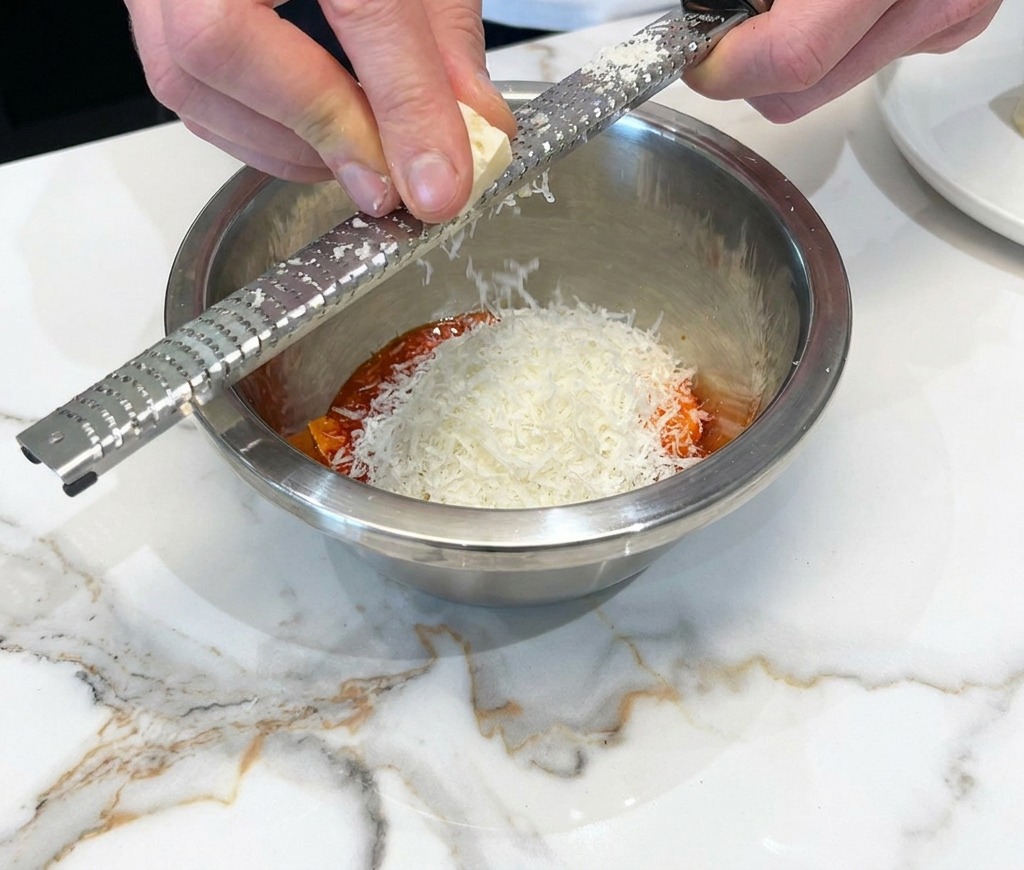 Grating fresh Pecorino cheese over a raw egg in a metal bowl.