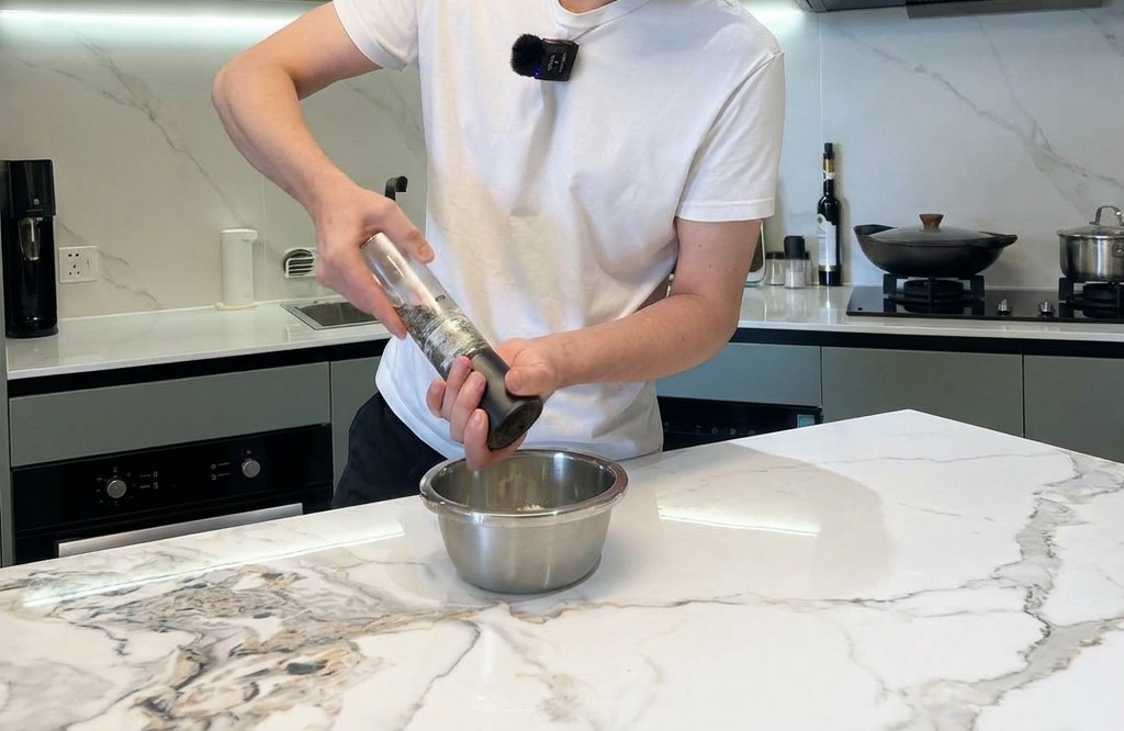 Fresh black pepper being ground into a metal bowl containing an egg and cheese mixture.