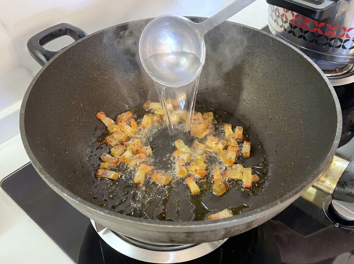 A metal ladle pouring starchy pasta water into a hot pan with crispy Guanciale pieces.