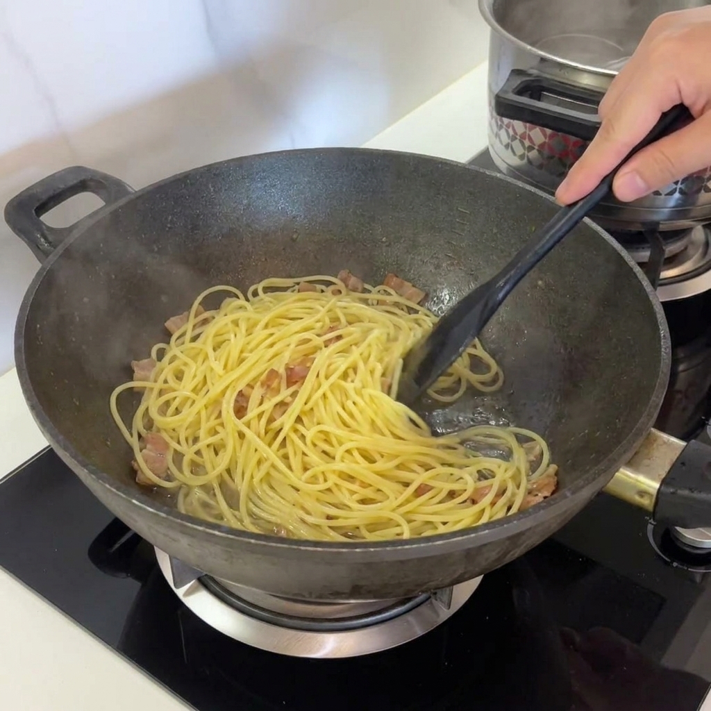 Spaghetti and guanciale sitting in a wok on a gas stove with the burner turned off.