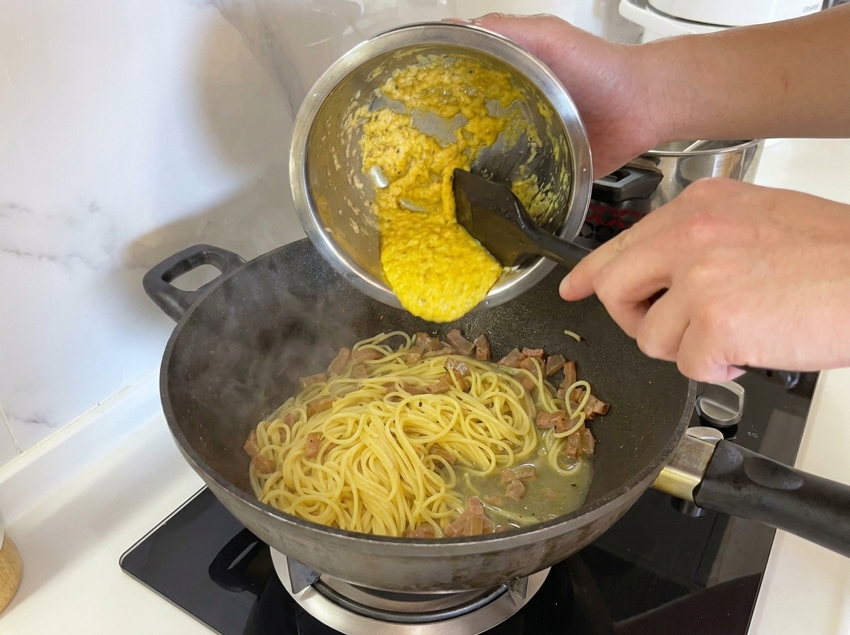 Thick yellow egg and cheese mixture being poured from a stainless steel bowl onto spaghetti in a pan.