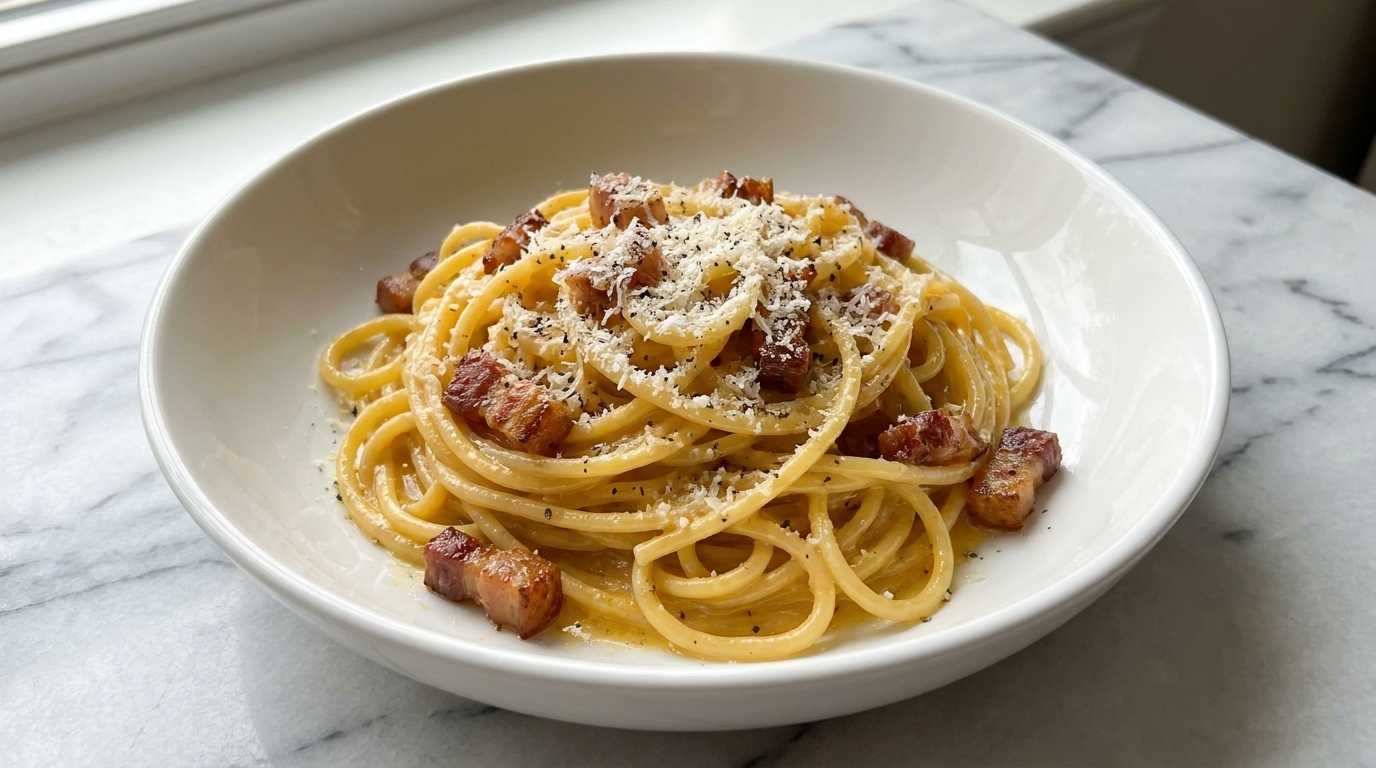 A classic Roman Spaghetti Carbonara featuring crispy guanciale, a glossy egg yolk sauce, and freshly grated Pecorino cheese.