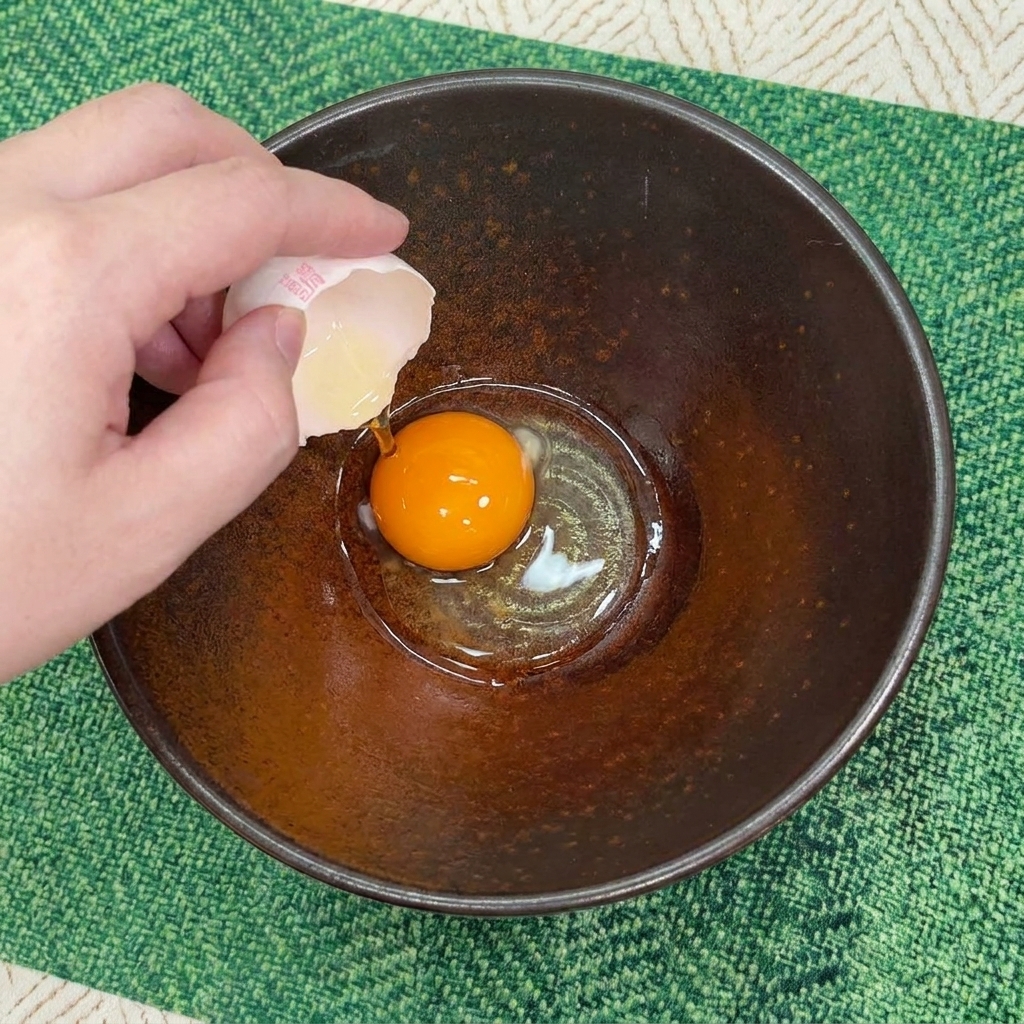 Hand cracking an egg shell to drop a raw egg yolk into a dark bowl.