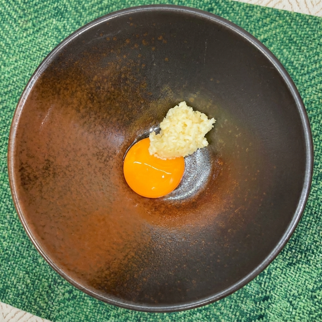A dollop of minced garlic placed next to an egg yolk in a dark bowl.