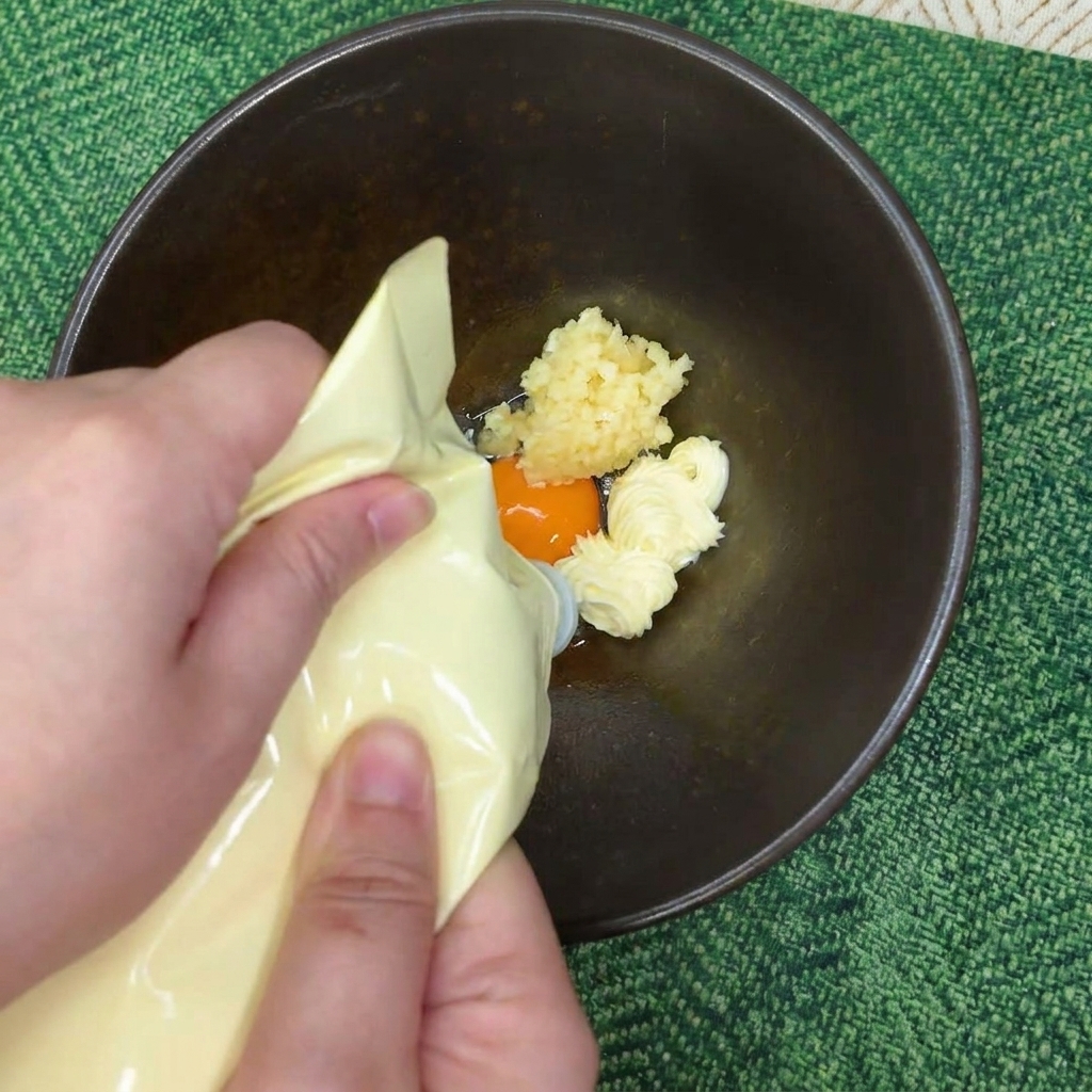 Hand squeezing mayonnaise from a bottle into a bowl with an egg yolk and minced garlic.