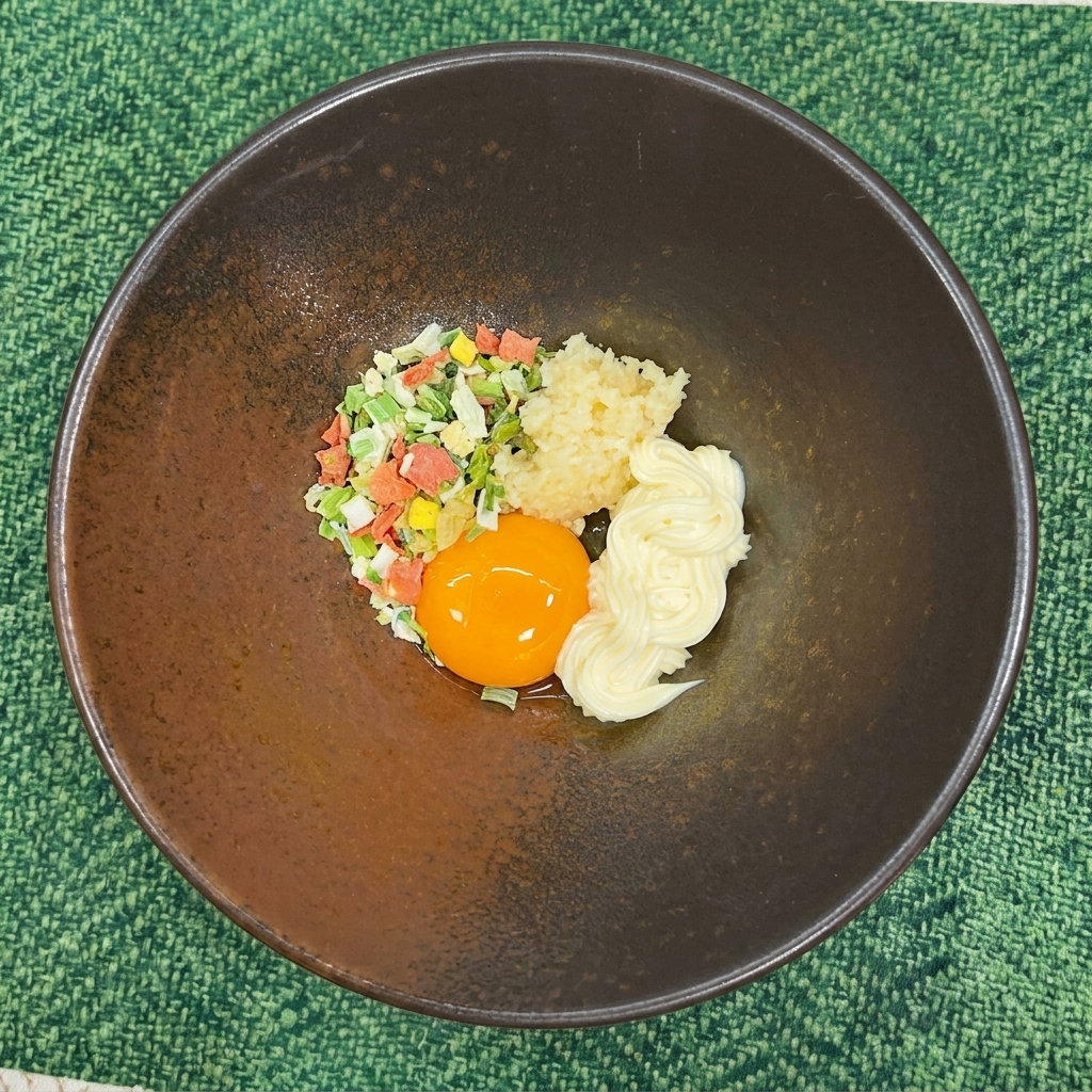 Dried vegetables added to a bowl containing egg yolk, garlic, mayonnaise, and seasoning powder.