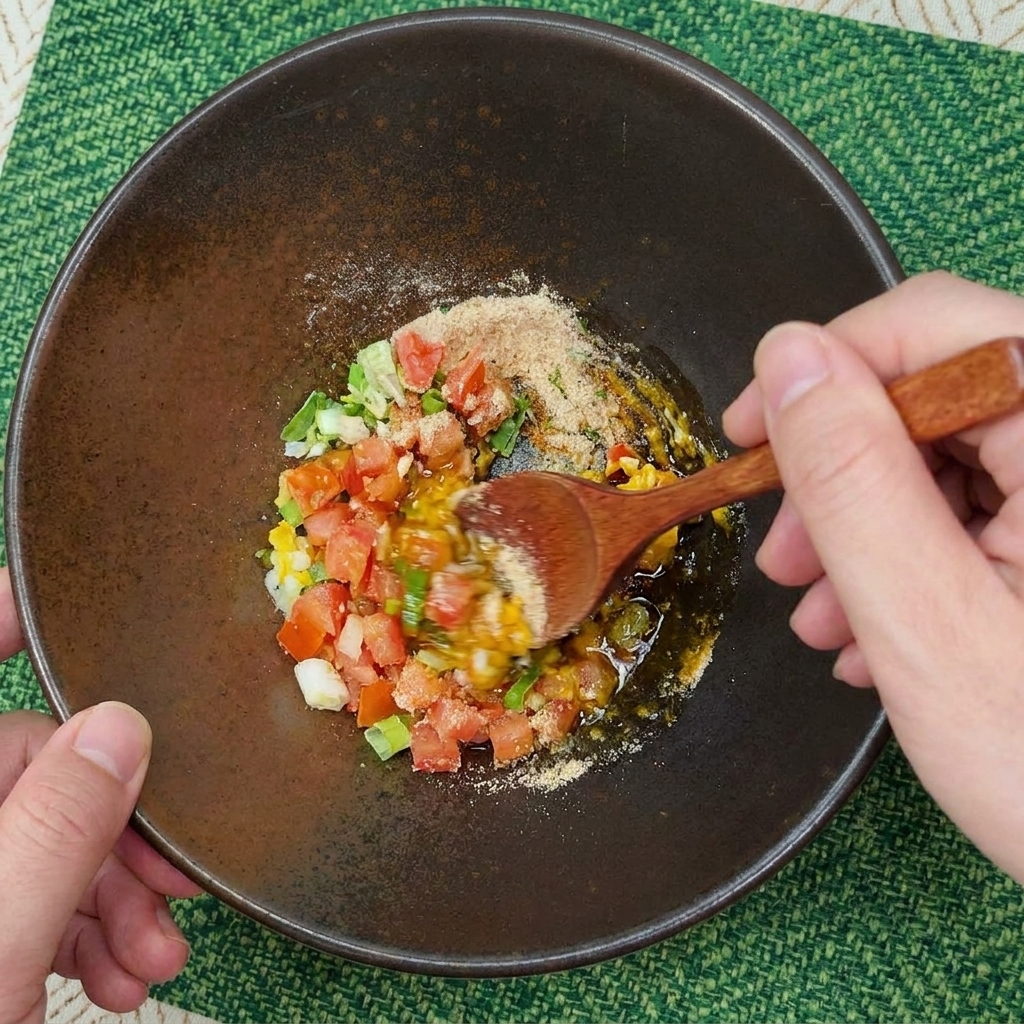 Hand using a wooden spoon to stir egg yolk, mayo, and seasonings into a paste in a dark bowl.