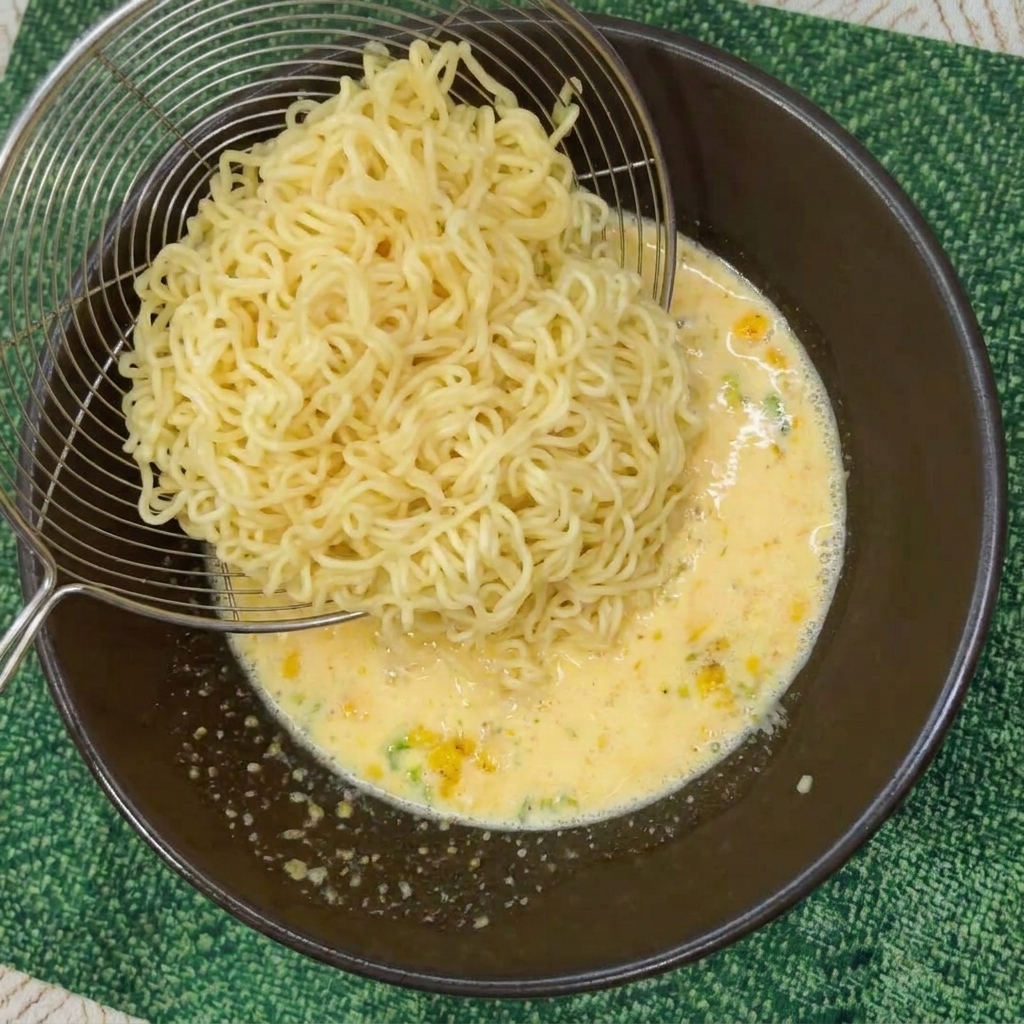 A wire mesh strainer transferring a portion of cooked, wavy instant noodles into a dark bowl filled with creamy corn broth.