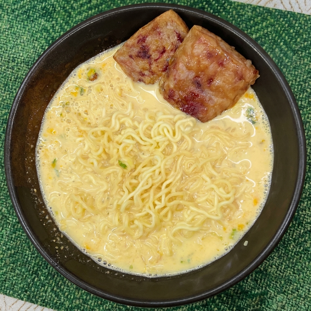 Two thick, browned slices of pan-fried spam placed neatly over a bed of instant noodles in a creamy broth.