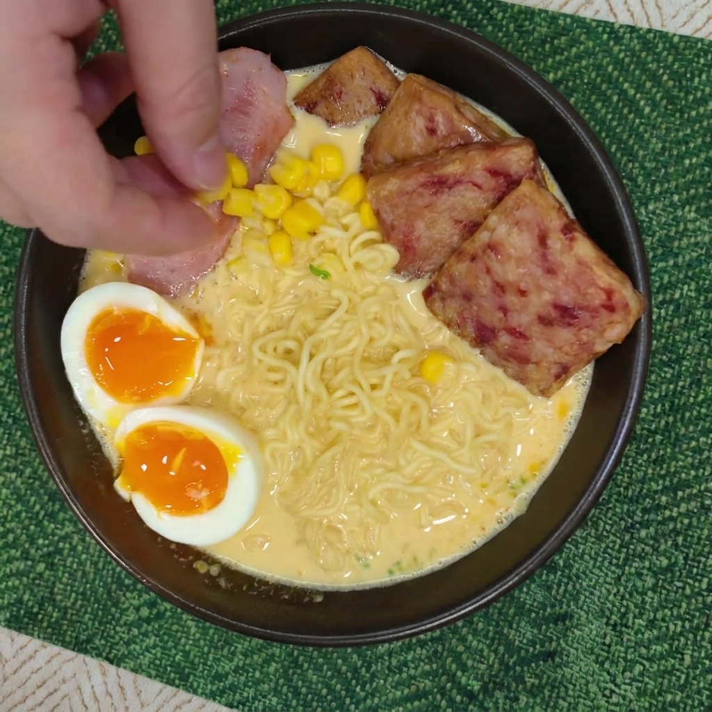 Fingers dropping bright yellow sweet corn kernels into a bowl of creamy ramen topped with sliced spam and soft-boiled eggs.