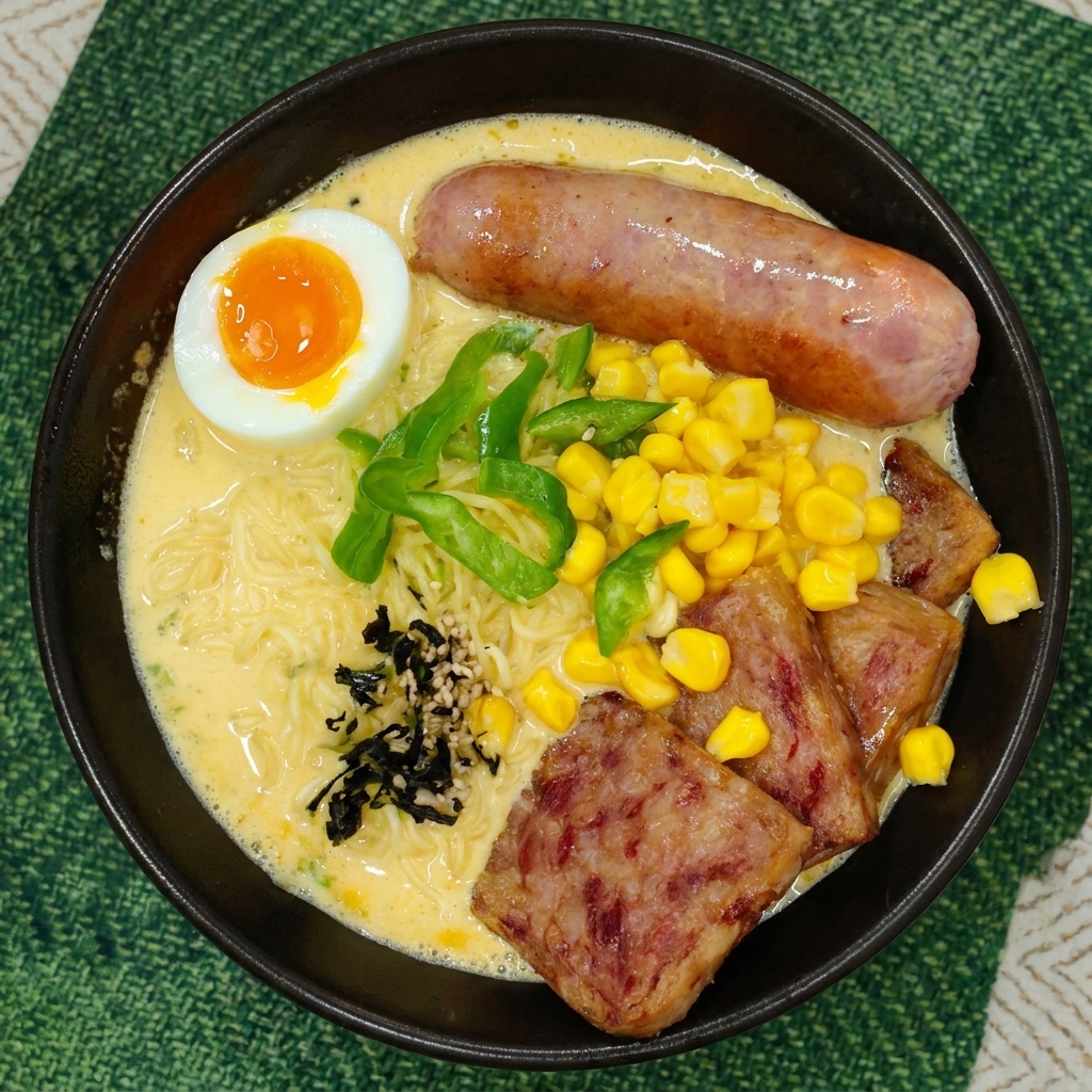 Top-down view of a fully assembled bowl of ramen in creamy broth, beautifully garnished with seaweed flakes, sesame seeds, green peppers, sweet corn, sausage, spam, and soft-boiled eggs.