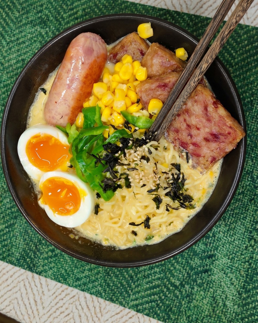 Wooden chopsticks lifting a generous portion of curly ramen noodles out of a rich creamy broth, surrounded by vibrant toppings like spam, sausage, and soft-boiled egg.