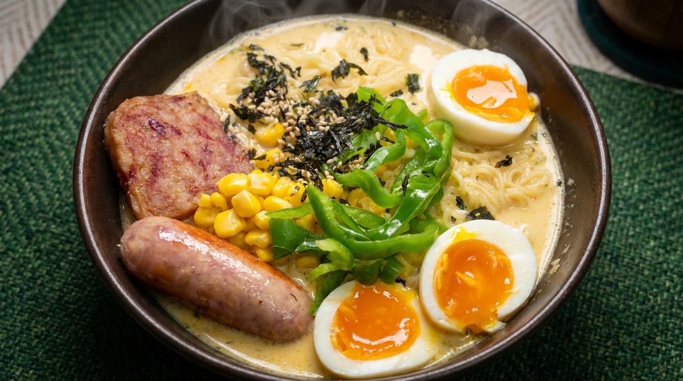 A fully loaded bowl of creamy, upgraded instant ramen with crispy spam, a jammy soft-boiled egg, and sweet corn.