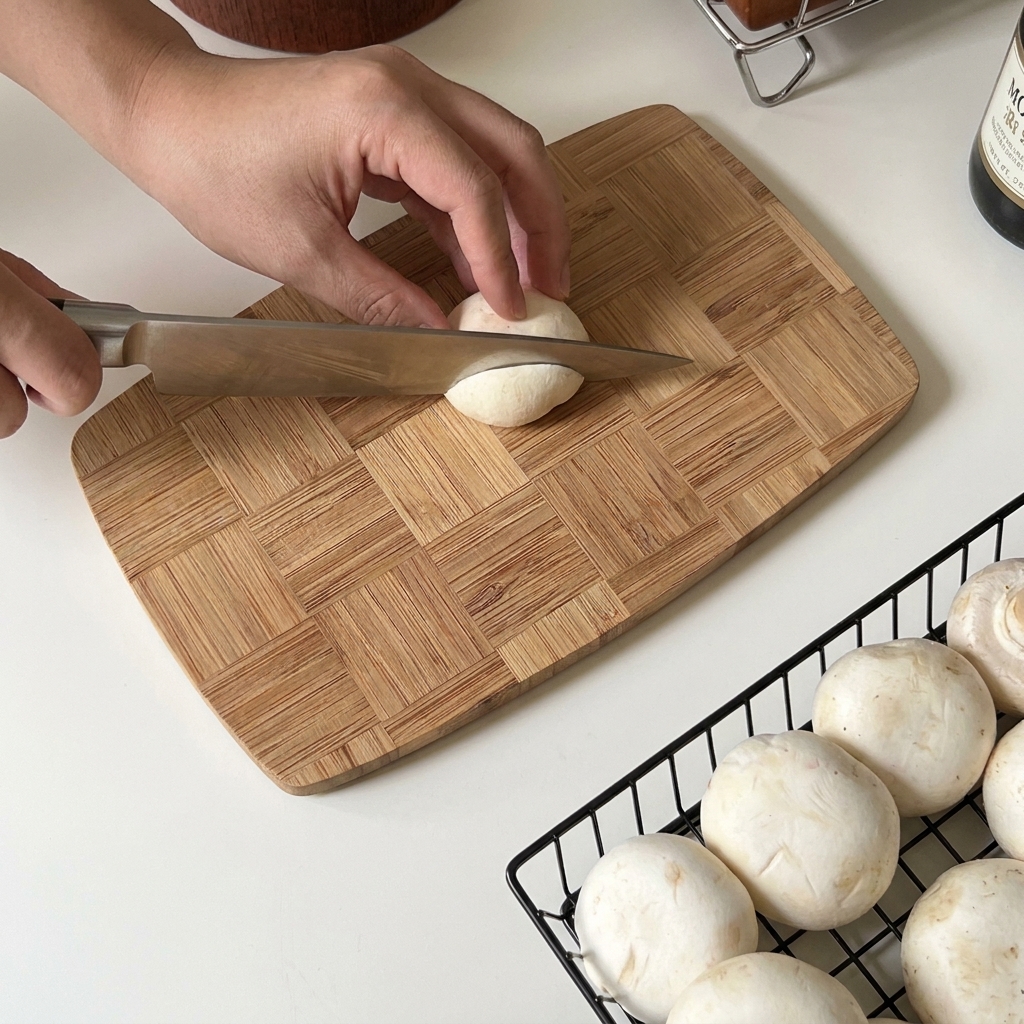 A close up shot of a knife slicing through a white mushroom cap on a checkered wooden cutting board.