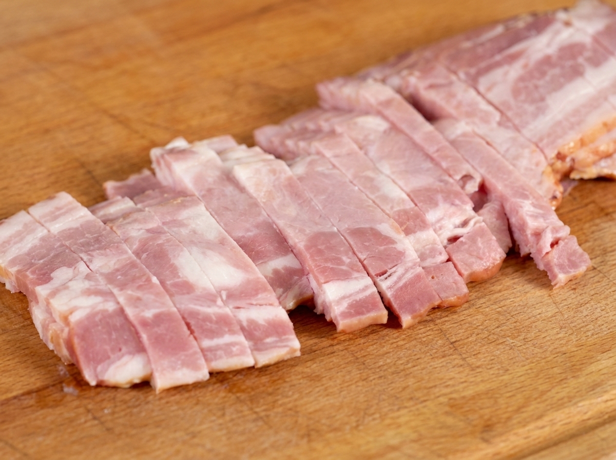 Slices of pink and white raw bacon cut into strips on a light-colored wooden cutting board.