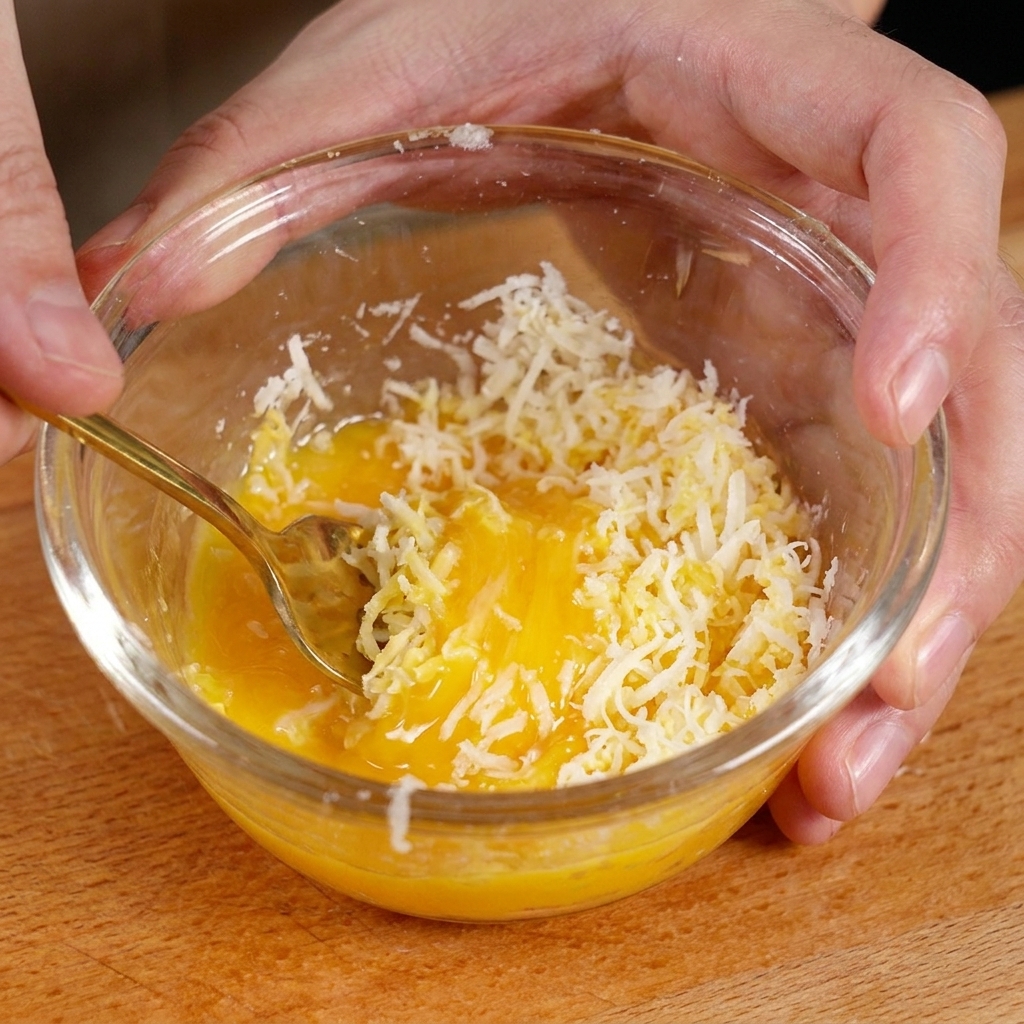 A small glass bowl containing a vibrant yellow egg yolk being mixed with a mound of finely shredded white cheese using a gold spoon.