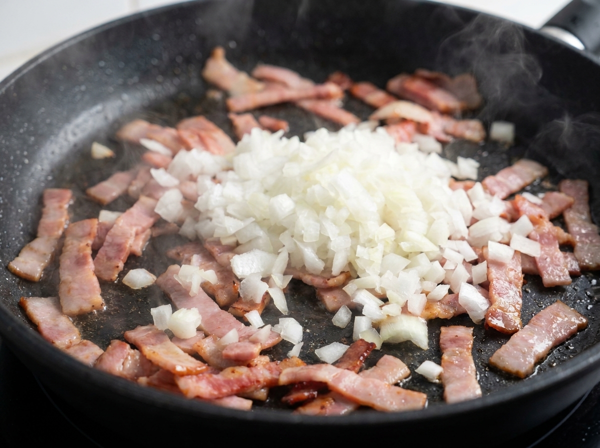 Diced white onions and minced garlic sitting on top of browned bacon strips in a dark frying pan with steam rising.